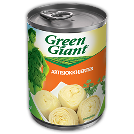 En boks med artisjokkhjerter av merket Green Giant med en etikett som viser bilder av artisjokkhjerter og et jorde.