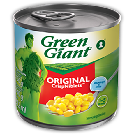 En boks med Green Giant Original Crisp Niblets-mais med et bilde av mais og merkets grønne maskot på etiketten.