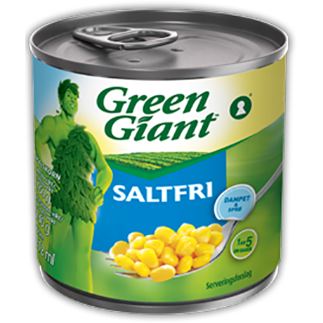 En boks med saltfri søtmais fra Green Giant med en grønn og gul etikett og et bilde av maiskjerner.