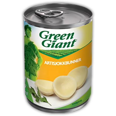 En boks med Green Giant artisjokkhjerter med et bilde av artisjokkhjerter og Green Giant-logoen på etiketten.