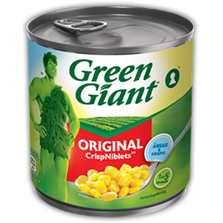 En boks med Green Giant Original CrispNiblets-mais med merkets grønne maskot på etiketten.