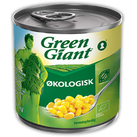 En boks med Green Giant økologisk mais med en grønn etikett og et bilde av mais på en gaffel