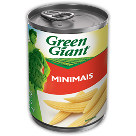 En boks med Green Giant Minimaïs babymais med et bilde av babymais og Green Giant-maskoten på etiketten.