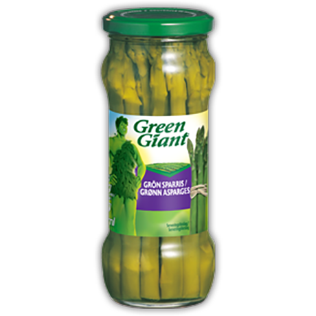 En glasskrukke med syltet grønn asparges av merket Green Giant med grønt lokk og produktetikett.